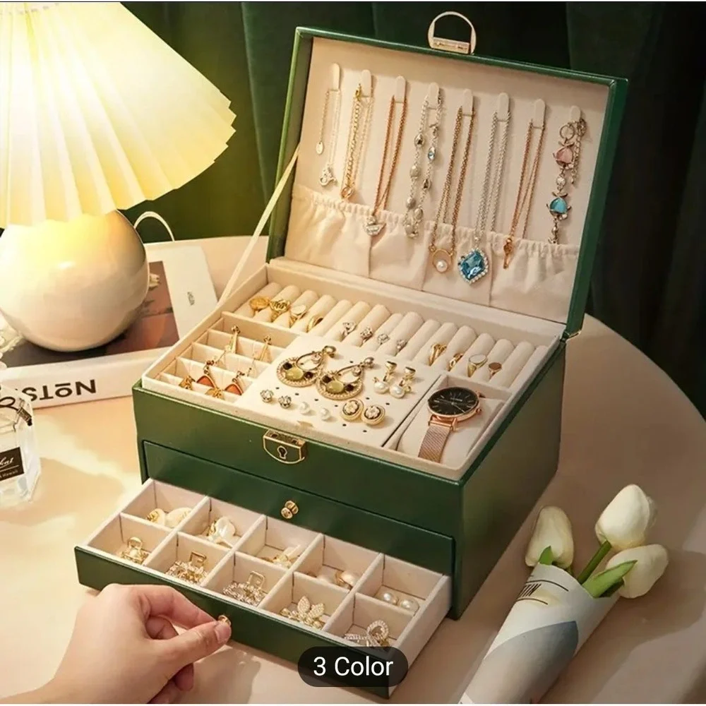 Green Jewellery Box Leather Storage‎ Case Drawer Cabinet Necklace Organizer